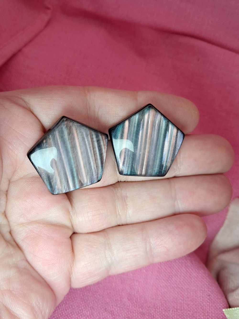 Iridescent Pentagon Shaped MOP Stud Earrings w/ Labradorite-Style Shimmer